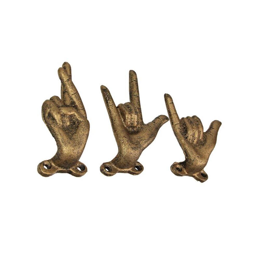 Set of 3 Antique Gold Cast Iron Hand Gesture Wall Hooks - Picture 2 of 9